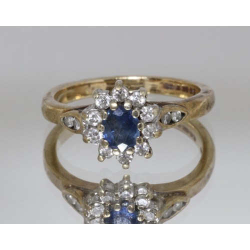 78 - A hallmarked 9ct gold diamond and sapphire cluster ring, gross weight 3g, size K.