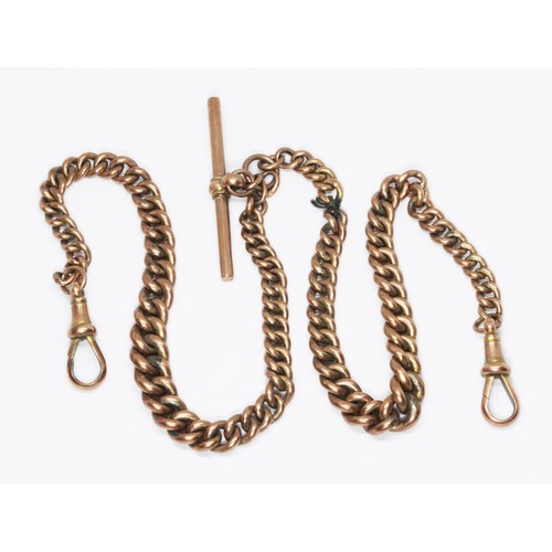 62 - A 9ct gold Albert chain with T bar and two dog clip clasps, length 38cm, weight 14.5g.