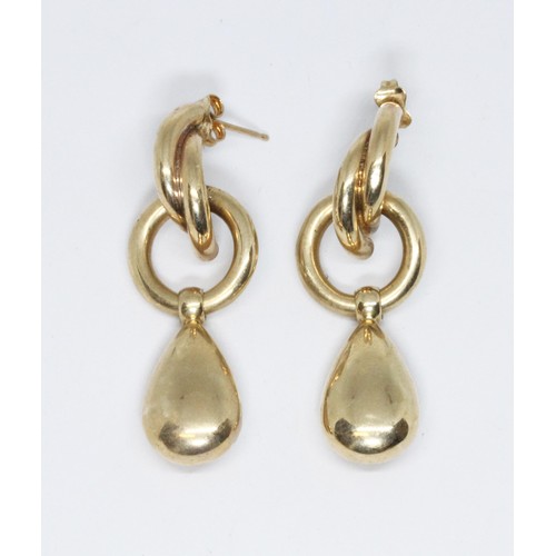 100 - A pair of drop earrings, marked '375', length 40mm, weight 7.2g.