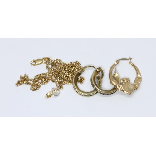 82 - A mixed lot comprising a chain and pendant marked '585' weight 3.9g, a claddagh earring and a pair o... 