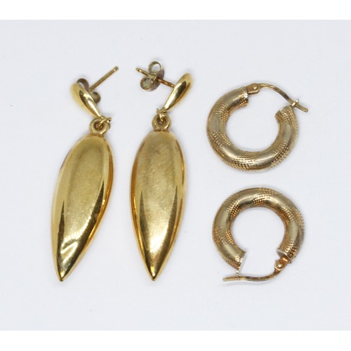 101 - A pair of Victorian style torpedo shaped drop earrings, marked '9ct', length 35mm, and another pair ... 