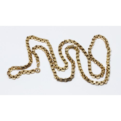 104 - A box link chain with bolt ring clasp, 9ct gold import marks, length 64cm, weight 14g.