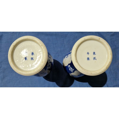 494 - A pair of Chinese porcelain vases, each bearing four character Kangxi mark to base, height 26cm.
