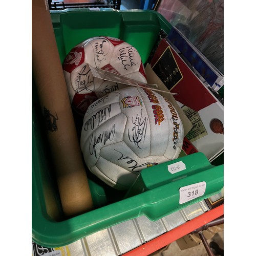 318 - A box of Liverpool FC memorabilia including signed footballs, Liverpool Cup Kings 1965 signed book, ... 