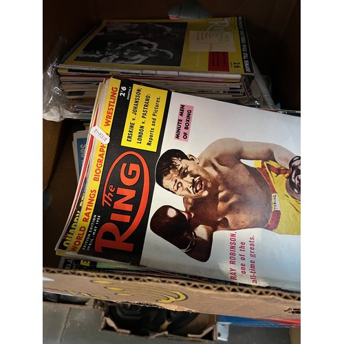 388 - A box of mostly sport magazines, boxing, football, etc, including 'The Ring'.