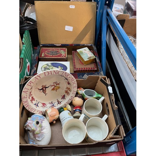 376 - A mixed lot comprising Art Deco jewellery box, vintage tins & boxes, children's ceramics including E... 