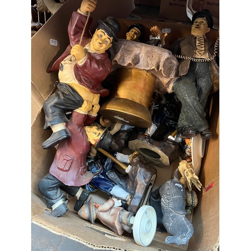 391 - A box of mixed collectables including Laurel and Hardy figures, Chinese ceramic figures, Hummel figu... 