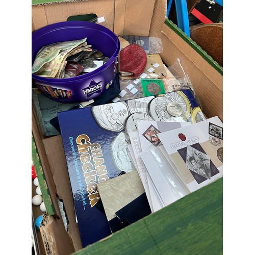 409 - A box of assorted GB, world coins, banknotes and coin covers etc.