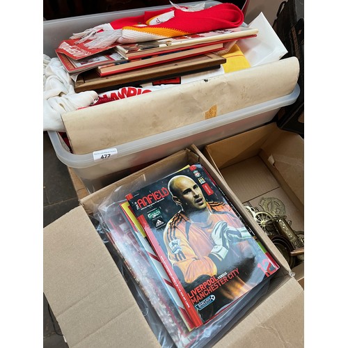 477 - 2 boxes of Liverpool FC memorabilia including  posters, books, scarves etc