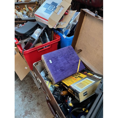 479 - 2 boxes and a suitcase containing heavy duty battery booster cables, pressure gauge, soldering gun s... 