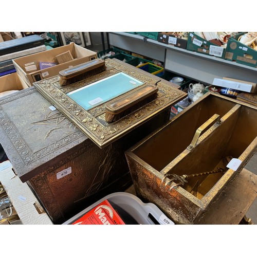 470 - A brass bound log box, a brass bound magazine rack, and a brass mirror with hanging brushes