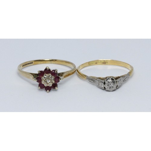 186 - Two rings; one hallmarked 9ct gold ruby and diamond cluster, weight 1.8g, the other single stone dia... 