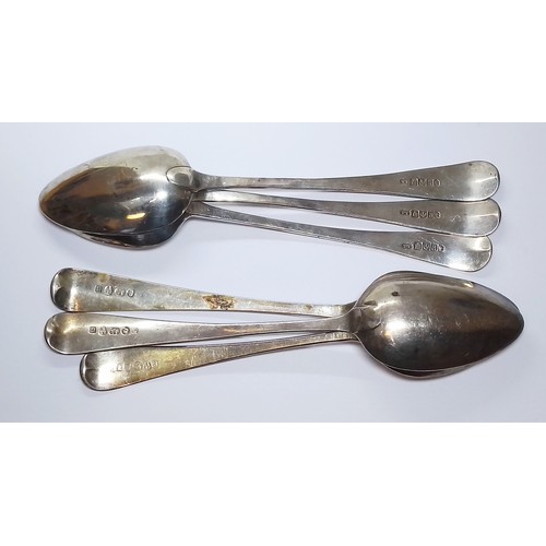 255 - A matched set of six George III silver desert spoons; one pair by John Robertson II & John Walton, N... 