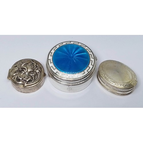 245 - A group of three pill boxes comprising one Edwardian with enamel top, Birmingham 1909, one Art Nouve... 