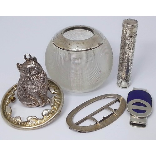 242 - A mixed lot of hallmarked silver comprising a Charles Horner cat, two buckles, a scent bottle and a ... 