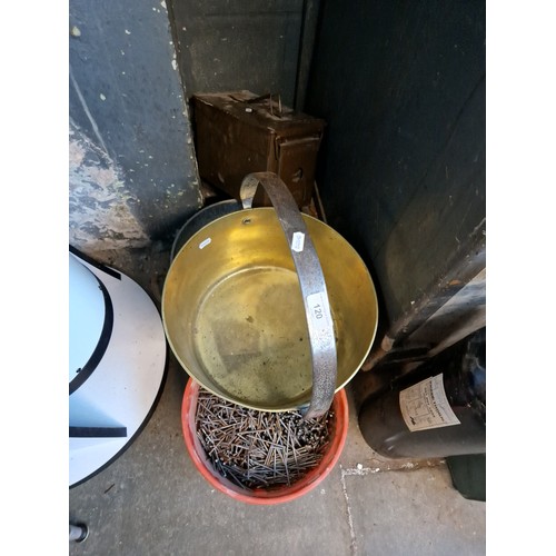 120 - A mixed lot of metalware comprising brass jam pan, ammunition box and two buckets of nails.