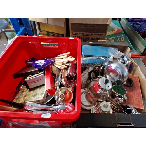 115 - Two boxes of mostly metalware & silver plated items.