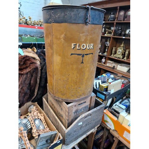 182 - A enamelled metal flour bin and two vintage wooden crates, one from Howarth & Airey winery, Preston ... 