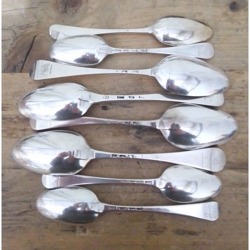 276 - A matched set of eight 18th century silver spoons, various dates and makers, lengths 16.5cm to 20.5c... 