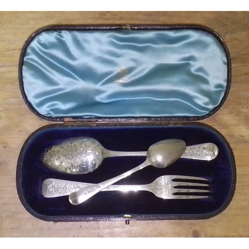 270 - A cased bright cut engraved fork and spoon Christmas set, Eley & Fearn London 1814, together with a ... 