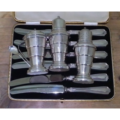 269 - A 1930s vintage art deco silver cruet set, Davenport 1937 and a set of silver handled knives by Vine... 