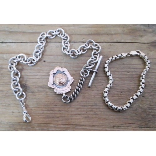 378 - A silver watch chain and fob and a silver bracelet.