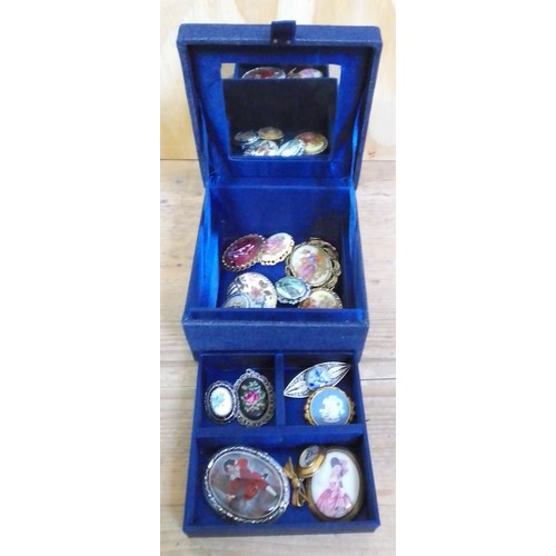 352 - An embroidered jewellery box and contents including hand painted brooches, TLM, silver etc.