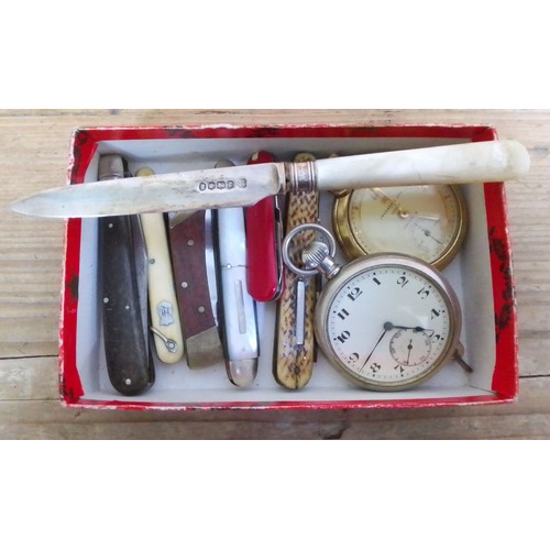 355 - A box of pen knives and pocket watches.