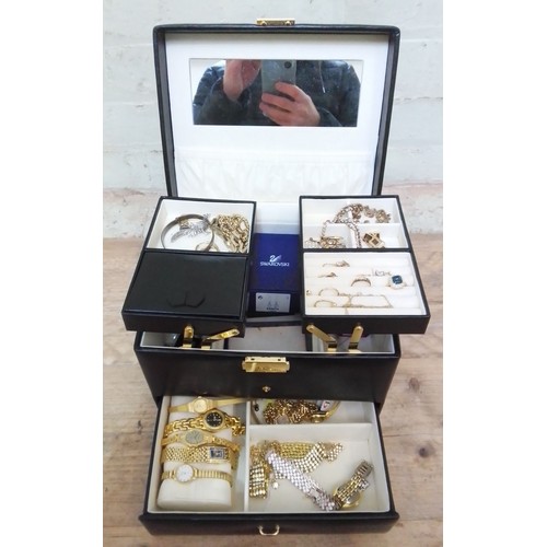 335 - A jewellery box and contents including gold and silver, Swarovski etc.