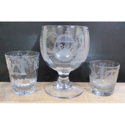 404 - Three pieces of 19th century Masonic etched glass comprising a pedestal glass and two tumblers.