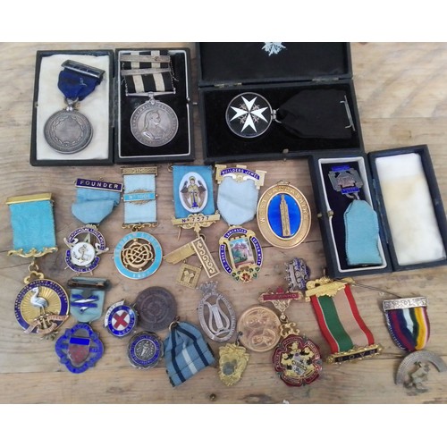 323 - Five assorted hallmarked silver masonic medallions and various other medals and badges including St ... 