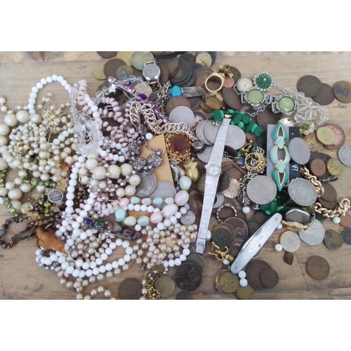 336 - A box of assorted costume jewellery and coins including a rodium plated ladies watch, half crowns et... 