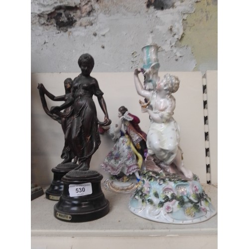 530 - Two spelter figures and two porcelain figures