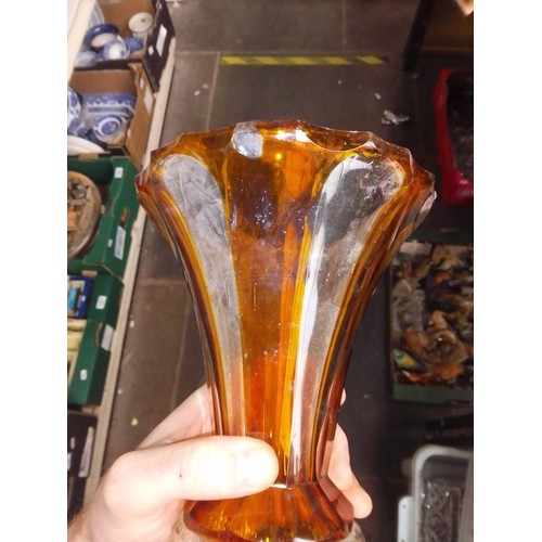 600 - Three Bohemian amber and clear glass vases