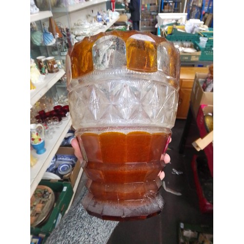 600 - Three Bohemian amber and clear glass vases