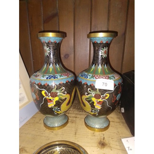 70 - A pair of Chinese cloisonne vases decorated with dragons, together with matching dish.