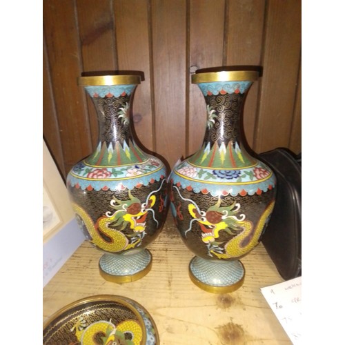 70 - A pair of Chinese cloisonne vases decorated with dragons, together with matching dish.