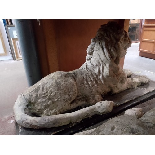 1095 - Two large stoneware recumbent lion garden ornaments.