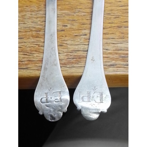 252 - A pair of silver trefid spoons, circa 1700, rat tail ends engraved 'EP', unascribed, maker's initial... 