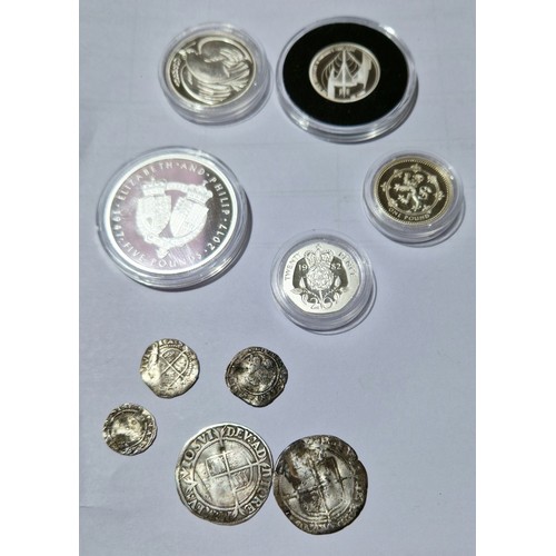 434 - A group of assorted silver coins comprising 5 x hammered & 5 proof coins.