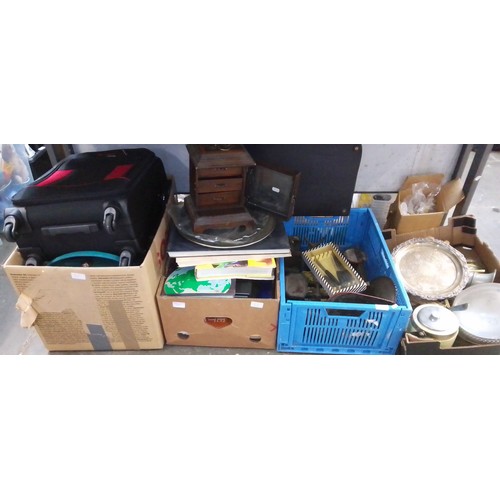 65 - Four boxes containing metal ware, books, cases etc. etc.