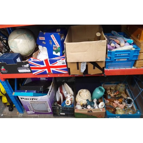 74 - 8 boxes of various items including pottery, ornaments, vegetable rack, a globe, brassware, carriage ... 