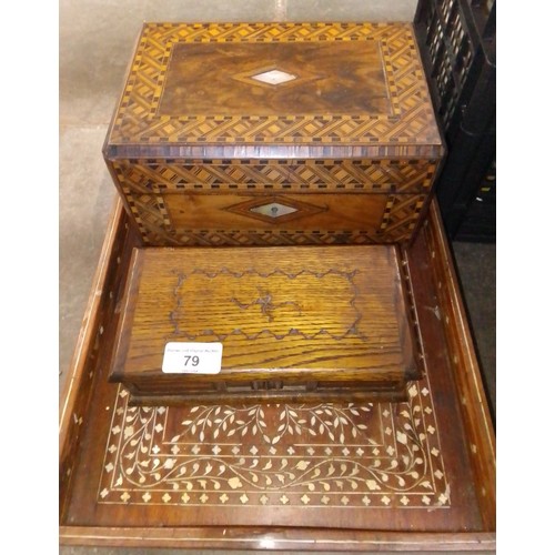 79 - Assorted wooden items comprising an inlaid tray, a parquetry box etc.