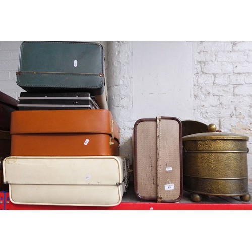 85 - 4 vintage carry cases and 1 suitcase together with a brass coal scuttle with lid, a copper planter a... 