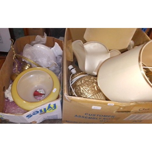 86 - 4 boxes of china, ornaments, ceramics and two boxes of table lamps and paraffin lamps, shades, etc.