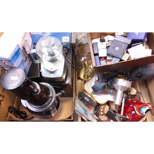 105 - A box of kitchen electrical accessories; juicers + attachments, whisks, etc. together with a box of ... 