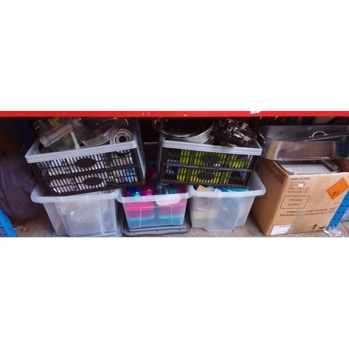 141 - 8 boxes of kitchen ware, mixers, fish kettle, garage/household items, pottery, a clock, pictures, bo... 