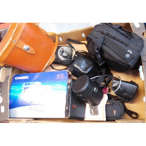 128 - Various cameras, binoculars, etc. and a box of tools / garage-ware to include pillar drill stand, ki... 