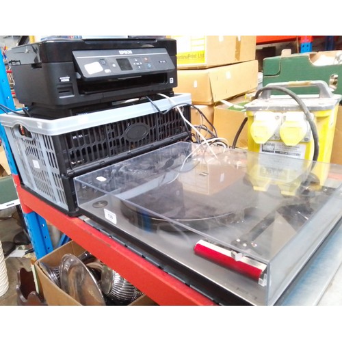 130 - A Rega turntable, serial number 036031 together with a printer and a box of various electricals to i... 