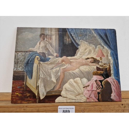 889 - French late 19th century school, oil on board, interior scene with nude woman, 26.5cm x 19cm, unsign... 